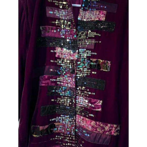 Chico’s Jacket M Burgundy Velvet Silk Blend Sequin Button Up Retro Glam Holiday - Picture 3 of 7
